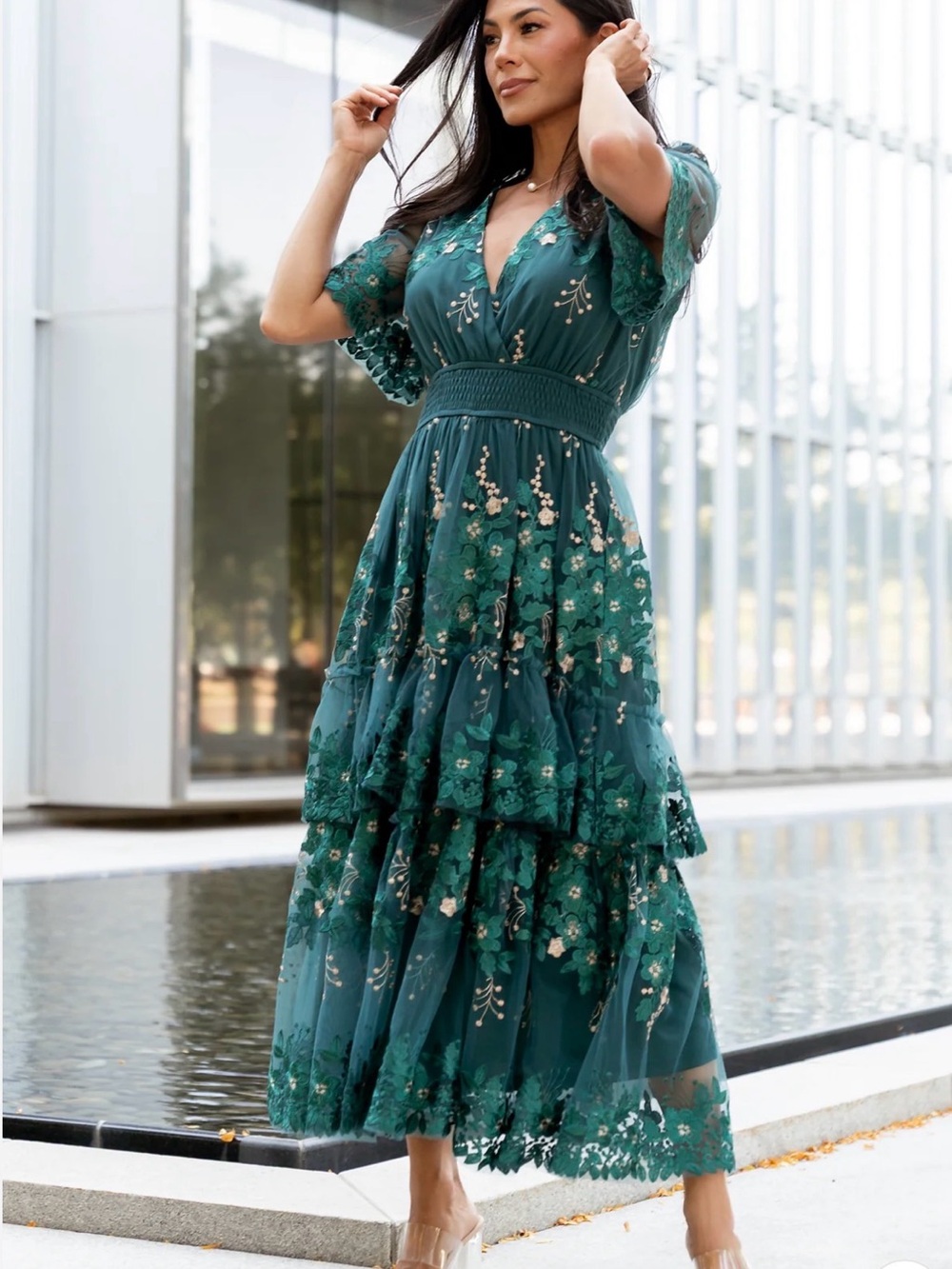 Baltic Born Teal Green Tiered Embroidered Maxi Dress